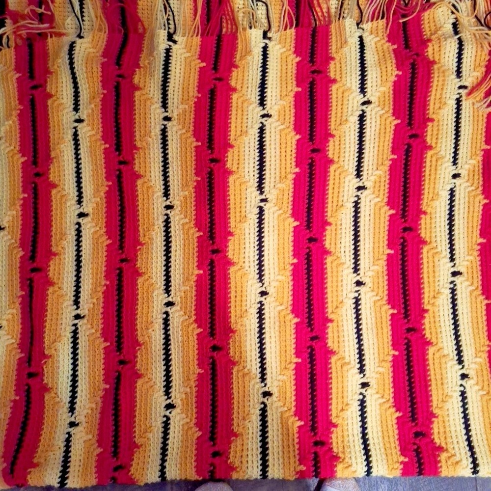 Vintage Handmade Afghan Throw Bright Red Black Mustard White Fringe 86 x 42